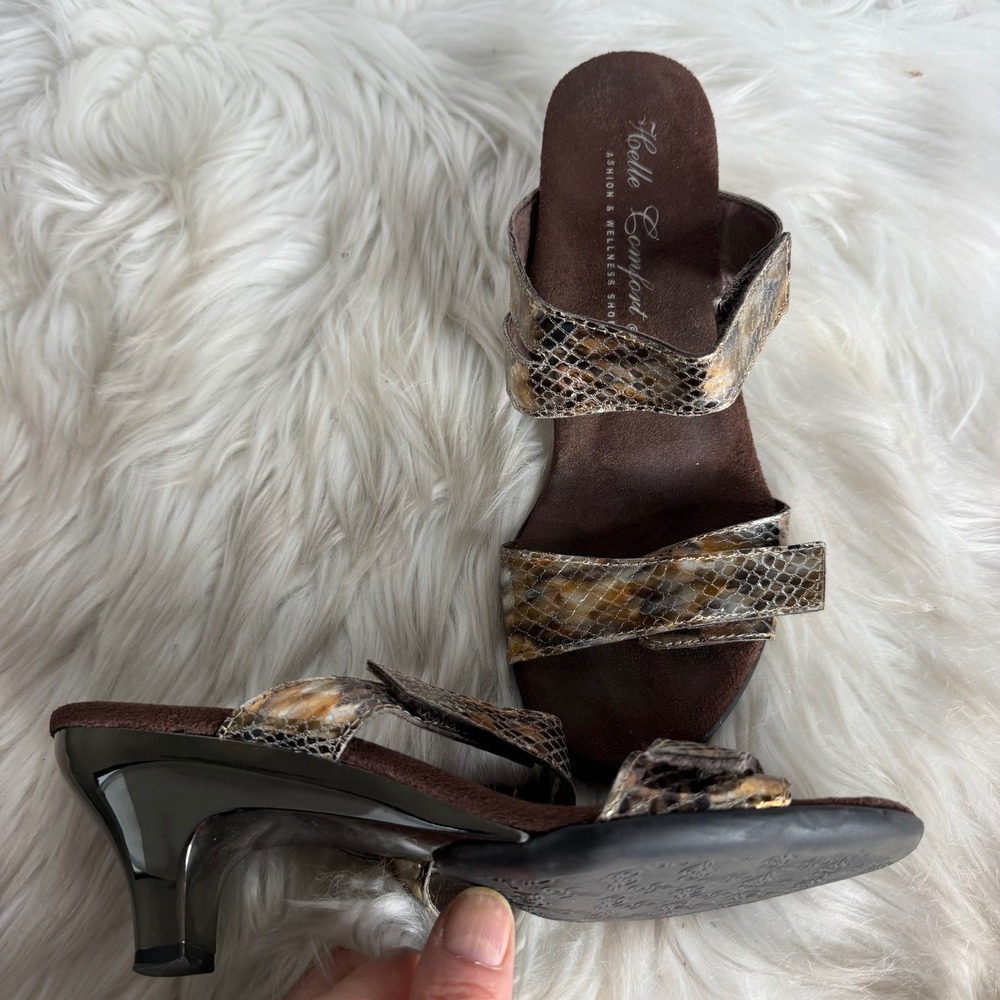 Helle Comfort Snakeskin Print Leather Slide Sandals Kitten Heel Brown Gold 37